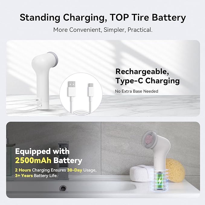 Electric Facial Cleansing Brush - Rechargeable Silicone Face Scrubber exfoliator, Face Pore Cleansing Brush,3 Speeds,Waterproof, Exfoliating & Massage,for Women & Men.for Face Skin Issues,White