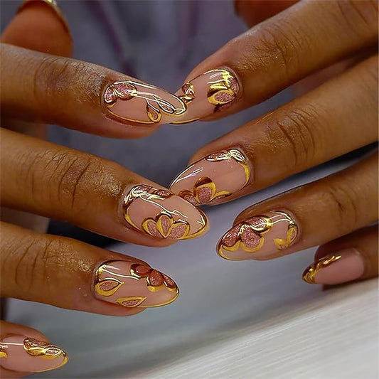 24Pcs Gold Press on Nails Medium Almond Fake Nails with Pink Glitter Glue on Nails Gold Chrome Full Cover Nail Tips French False Nails Pink Acrylic Nails Glossy Stick on Nails for Women Manicure