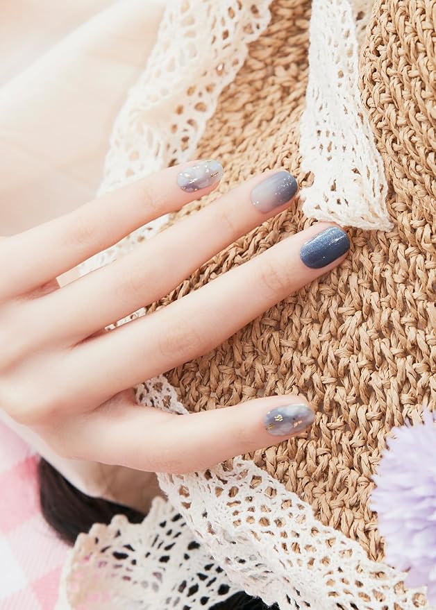 ohora Semi Cured Gel Nail Strips (N Gleam Blue) - Blue, Glitter, Works with Any UV/LED Lamps, Salon-Quality, Long Lasting, Easy to Apply & Remove - Includes 2 Prep Pads, Nail File & Wooden Stick