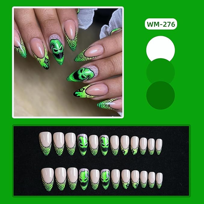 24Pcs Goth Press on Nails Medium Almond French Tip Fake Nails Horror Monster with Black Castle Design Horror Green Full Cover Artificial Glue on Nails Goth False Nails for Women Acrylic Manicure DIY