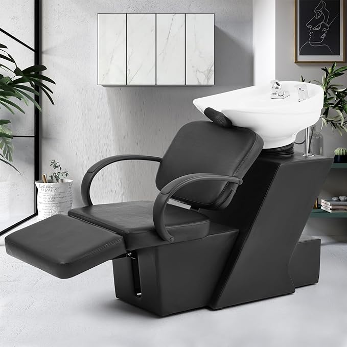 Artist hand Shampoo Bowl, 47" Ceramic Bowl Chair Adjustable Backwash Shampoo Station Footrest Salon Equipment(White Bowl)