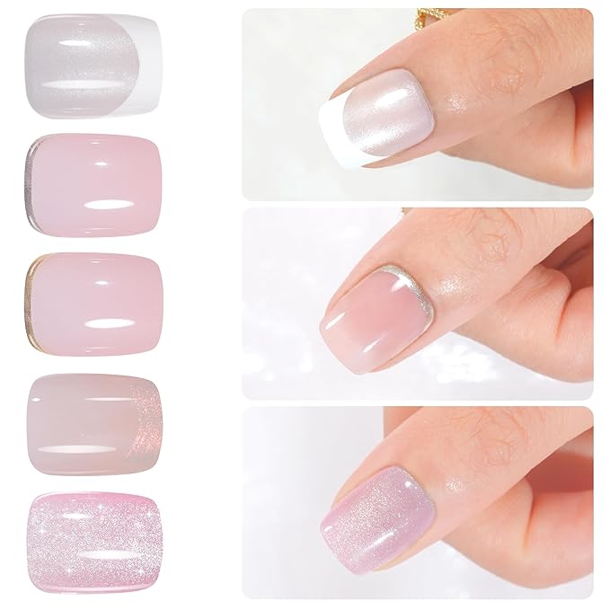 Jofay Fashion Chrome French Tip Press on Nails Short, Cat EyeSalon-Like Acrylic Fake Nails with Mermaid Pearl Chrome Gold Foil End Designs, Glossy & Natural Short Nails Press On