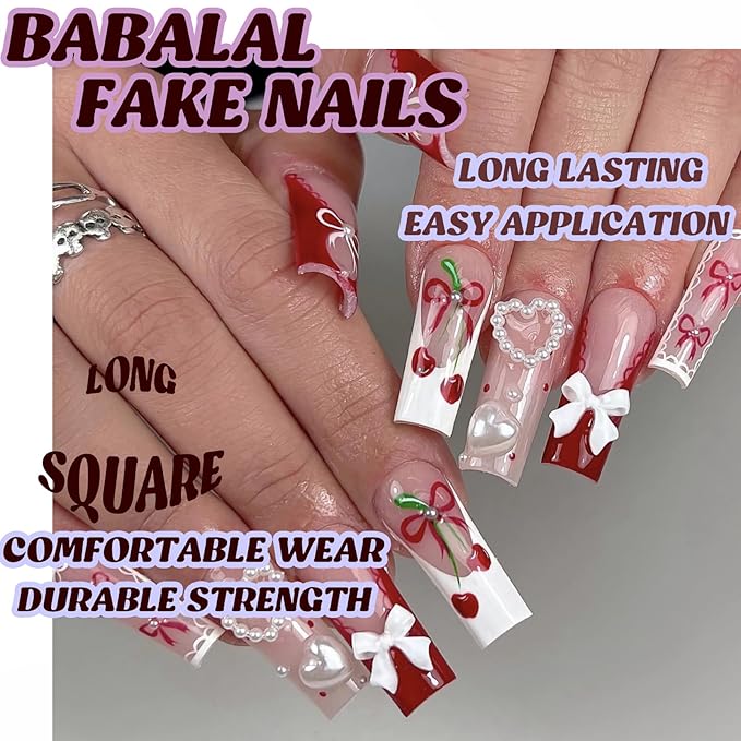 BABALAL Press on Nails Long Square Fake Nails Red White French Tip Artificial Glue on Heart Bow Charm Acrylic Nail Art False Nails 24Pcs Squoval Manicure False Nails Supplies DIY Glossy Stick on Nails