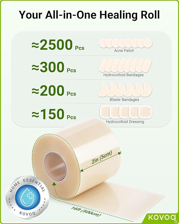 Hydrocolloid Roll Bandages for Wound Care, Kovoq Medical Grade Hydrocolloid Pimple Patches Tape Sterile and Waterproof, with DIY Size & Shape Tools Scissor and Tweezer (2in * 16ft)