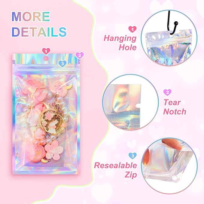 ANZNKU 100 Pack Mylar Bags Reasealable Holographic Bags, Smell Proof Bag Zipper Pouches with Clear Window, Jewelry Candy Sealable Bag for Packaging Sample Party Favor (5.1 x 8.3 Inch)