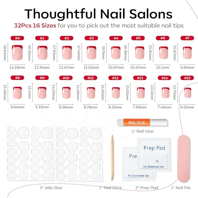 Modelones Christmas French Tip Press on Nails Short, Light Pink Square Fake Nails, Reusable Nail Kit with Nail Glue Adhesive Tabs Mini Nail File, Nails Press Ons 32Pcs 16Sizes, Red