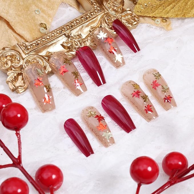 24Pcs Fall Press on Nails Long Coffin Fake Nails Glitter Maple Leaves Full Cover False Nail Thanksgiving Glue on Nails Maple Leaf Acrylic Nail Red Brown Autumn Artificial Stick on Nail for Women