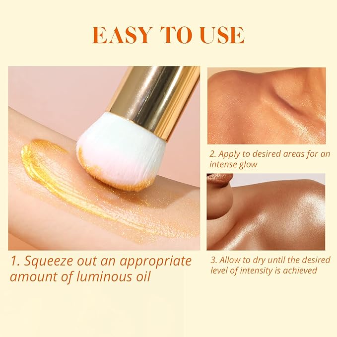 Liyalan Shimmer Body Oil 5 Color Options 1.0 fl.oz Face Glow Pearl Highlighter Illuminator Long-Lasting Shine Glitter Liquid Tanning with Makeup Brush Included (#05 Rose Gold)