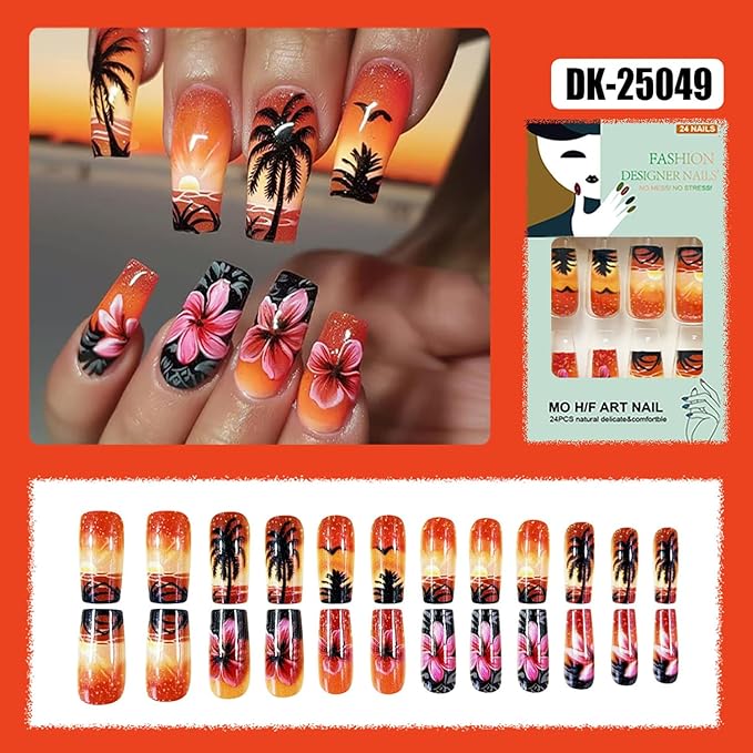 Coconut Tree Flower Press on Nails Long Length Pink Floral Sunset Pattern Design Full Cover Glossy Square Acrylic False Nail Summer Artificial Fingernails 24Pcs Reusable Glue on Nails for Women