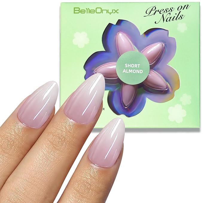 Press On Nails Short Almond Ombre Pink Fake Nails with Chrome Glossy 15 Size in 30 Nail Tips Kit with Nail Glue Remover,Glue On Nails for Busy Mom