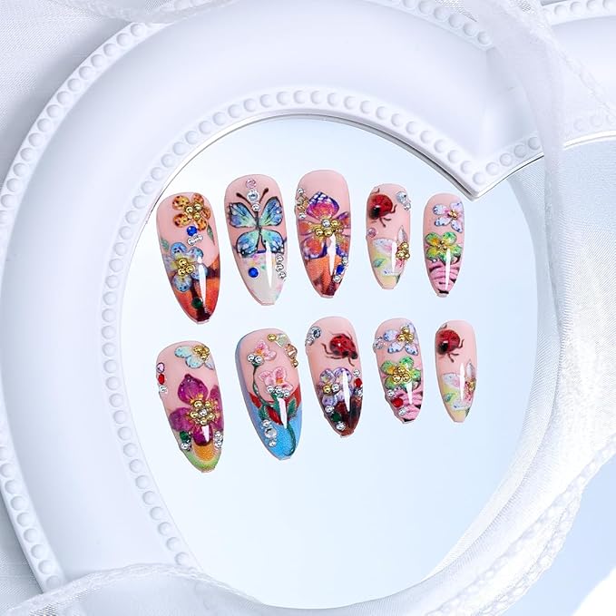 Flower Press on Nails Medium French Tip Fake Nails with 3D Colorful Butterfly Ladybug Floral Design Summer False Nails Gold Rhinestones Artificial Acrylic Nails Almond Glue on Nails for Women 24Pcs