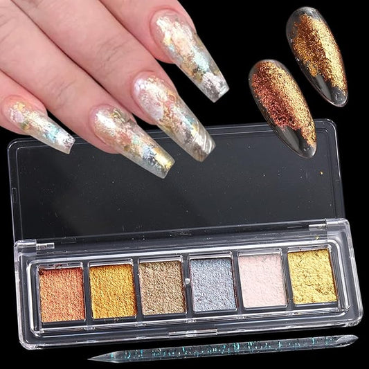 Metallic Nail Art Glitter Set, 6 Colors Gold Flakes for Nails, Mud Texture, Gold Leaf Chameleon Chrome Flakes, Golden Foils Nail Art Decoration, Professional Manicure Supplies