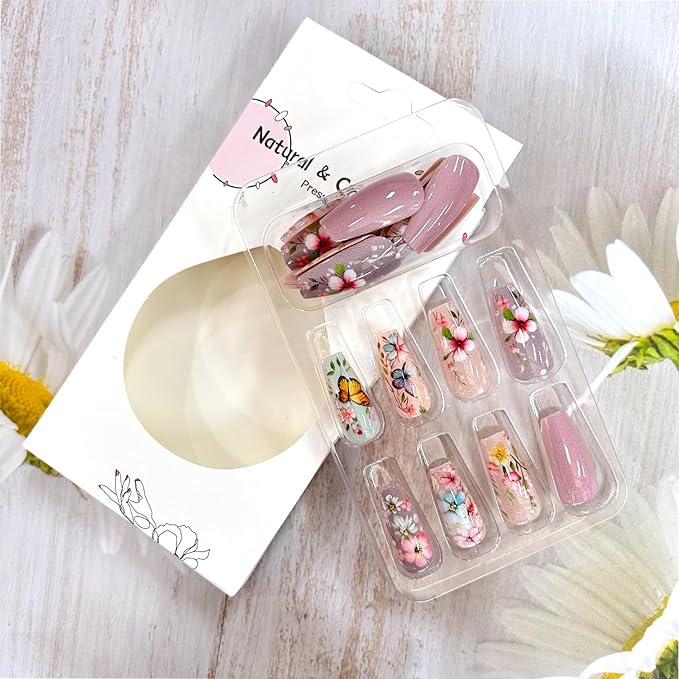Flower Press on Nails Medium Ballet Shaped Colorful Floral Butterfly Pattern Design Spring Summer False Nail Full Cover Artificial Stick on Nails Press Ons Glossy Glue on Nail for Women