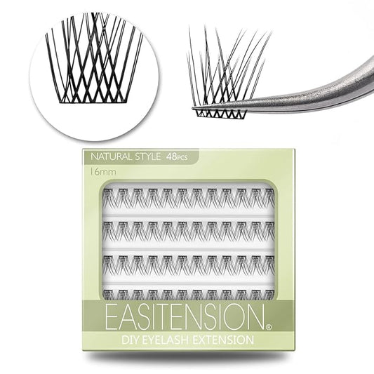 DIY Eyelash Extension, 3D Effect Glue Bonded Band Individual Lash 48 Clusters Volume Lashes Set, Home Eyelash Extension, C curl Lashes Pack 16MM-Natural-48 Clusters
