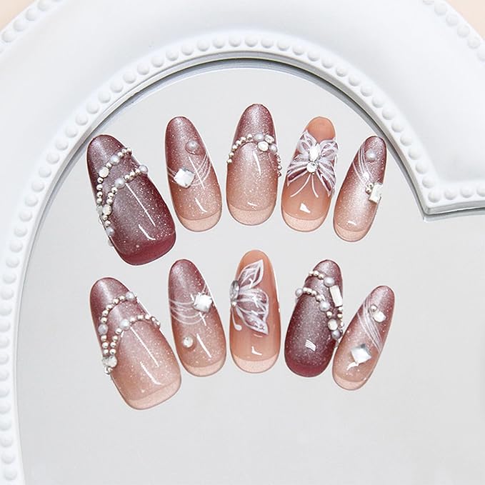 30pcs Summer Press on Nails Medium Almond Fake Nails with 3D Butterfly Pearl Rhinestones Designs Glitter Stick on Nails Kit Line False Nails Full Cover Glue on Nails for Women Nail Decoration