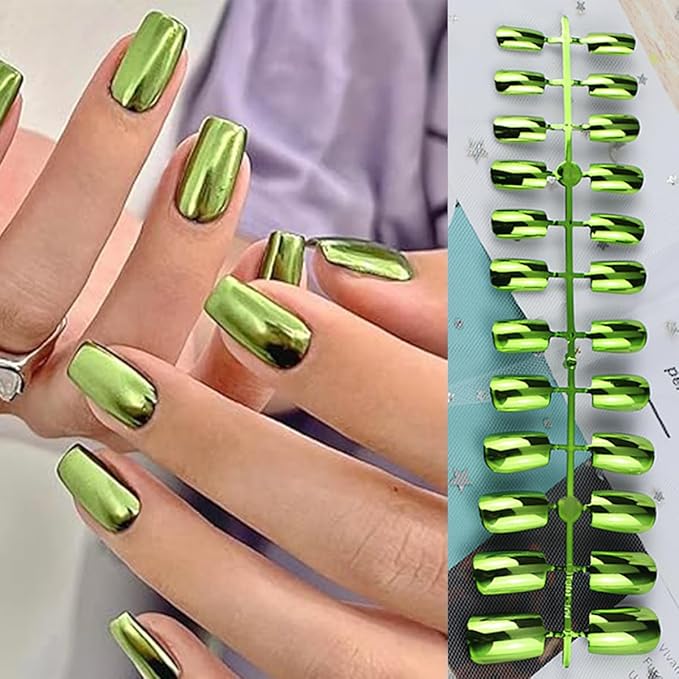6 Packs (144 Pcs) Chrome Press on Nails Medium Square Fake Nails Metallic False Nails with Designs Glossy Glue on Nails Full Cover Acrylic Stick on Nail Reusable Artificial Nail for Women Manicure