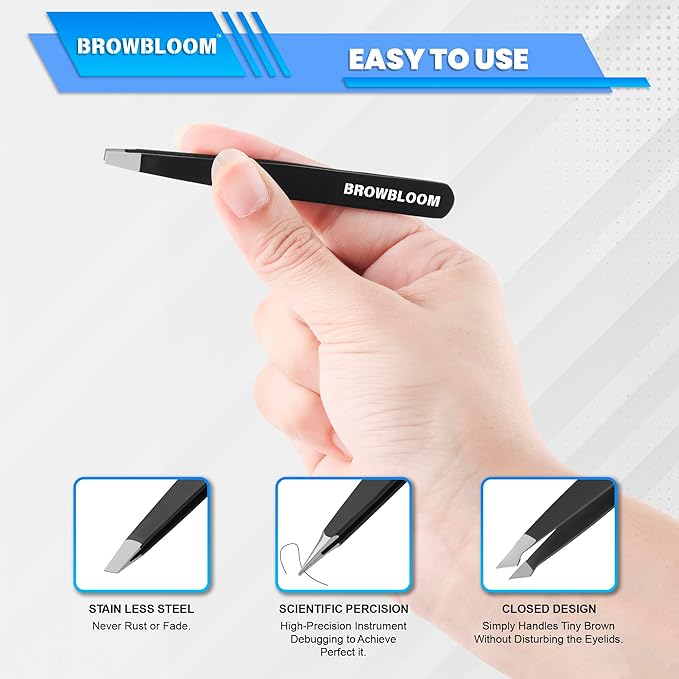 4Piece Set of Professional Tweezers for Women Facial Hair, Black Stainless Steel Precision Tweezer for Ingrown Hair, Eyebrow Tweezers for Men Comes in Carrying Pouch (Black Set)