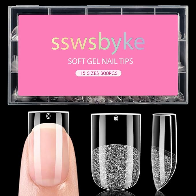 Extra Short Straight Nail Tips, SSWSBYKE 300pcs 15 Sizes Soft Gel Acrylic Nail Tips for Full Cover Pre-Shaped Fake Nails Tips Half Matte Press On Nails for Extension Home DIY Salon
