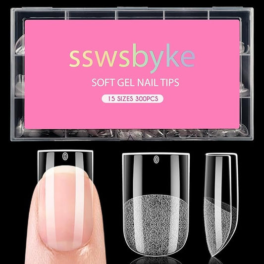 Extra Short Straight Nail Tips, SSWSBYKE 300pcs 15 Sizes Soft Gel Acrylic Nail Tips for Full Cover Pre-Shaped Fake Nails Tips Half Matte Press On Nails for Extension Home DIY Salon