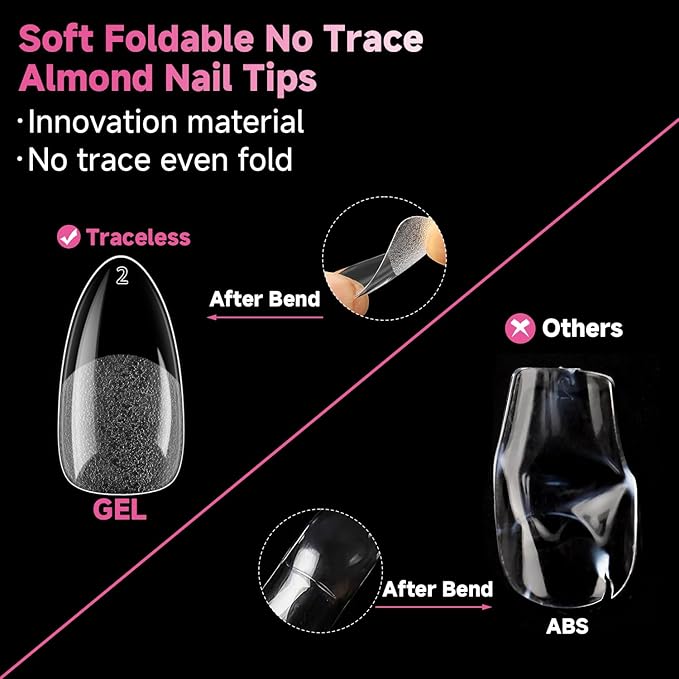 UNA GELLA Medium Almond Nail Tips, 312pcs Almond Gel Nails Tips Shape Pre Etched Full Cover Clear Fake Acrylic Pointed Press On Nails No C Curve for Nail Extension Christmas Art DIY Salon 12 Sizes