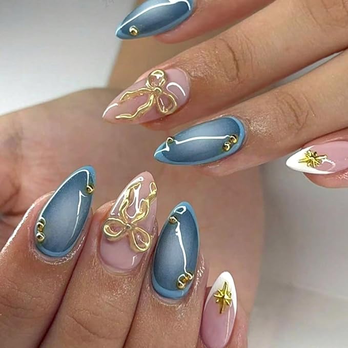 White French Tip Press on Nails Medium Almond Fake Nails with 3D Gold Bow Star Designs Blue Acrylic False Nails Glue on Nails Full Cover Stick on Nail for Women Quick Manicure Kit 24Pcs