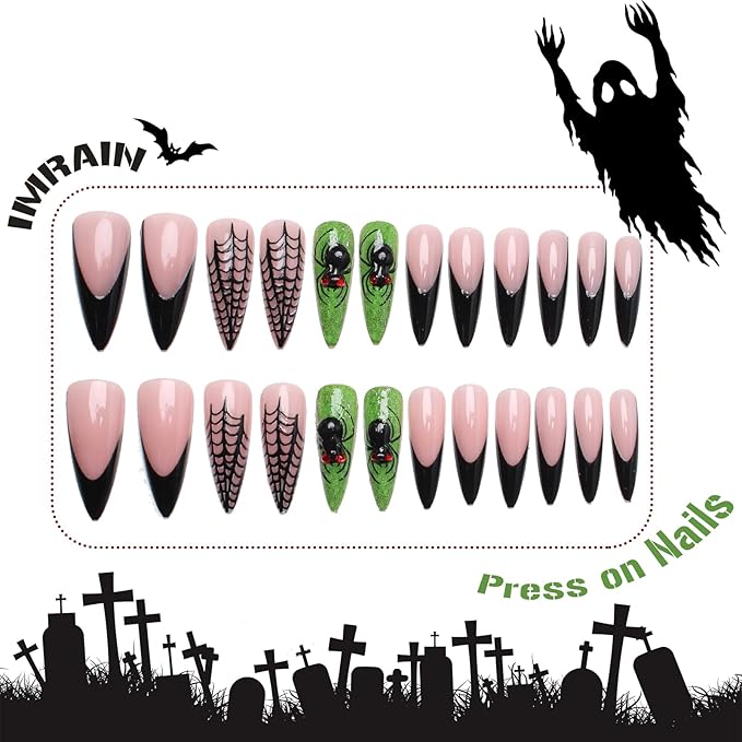 IMRAIN Handmade 3D Spider Press on Nails Long Stiletto Acrylic Fake Nails Halloween Black Green Glitter False Nails Goth Glossy Artificial Glue on Nails