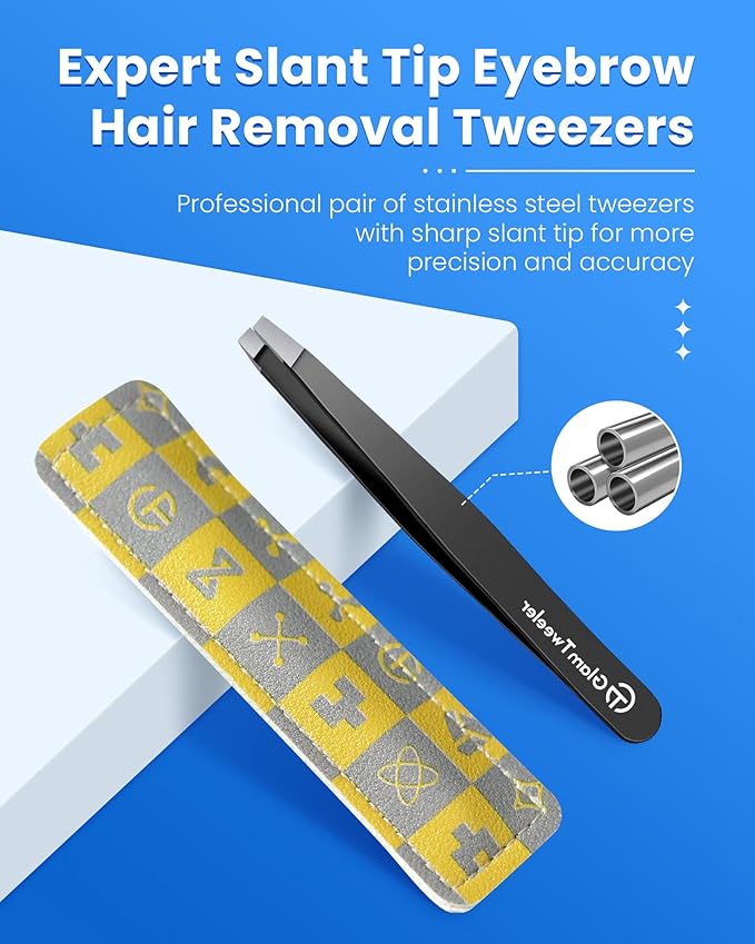 Expert Slant Tip Tweezers with Leather Case, GlamTweeler Sharp & Precision Stainless Steel Tweezer for Eyebrows, Facial Hair and Fine Hairs Removal (Black)