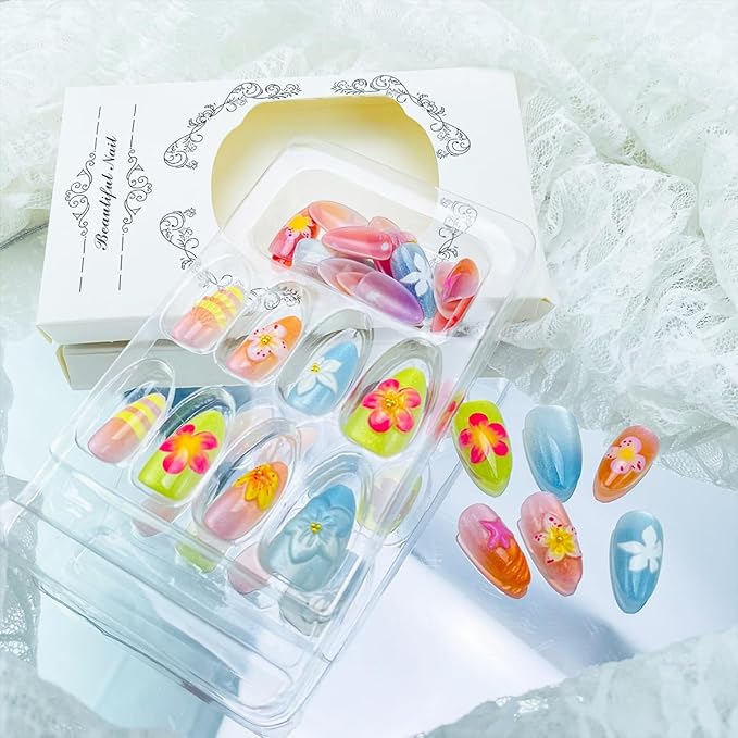 30pcs Cute Flower Press on Nails Short Almond Fake Nails With 3d Colorful Floral Gold Beads Designs Summer Autumn Flowers False Nails Star Artificial Nail Tips Glossy Glue on Nails For Women Manicure