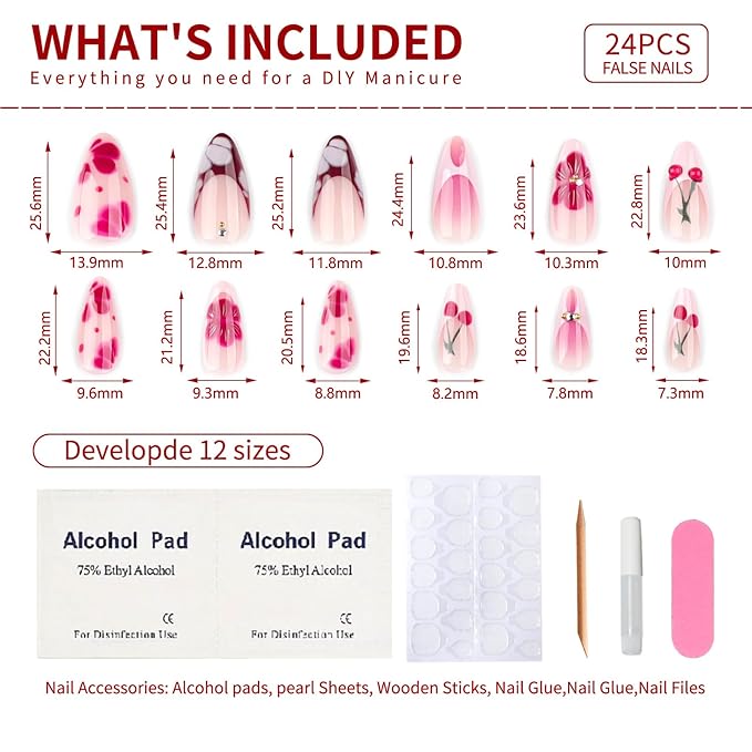 Medium Almond Press on Nails Red cherry French False Nails with 3D Designs Coffin Nails Full Cover Artificial Stick on Nails Reusable Acrylic Nails Glue on Nails for Women Manicure Kit 24PCS