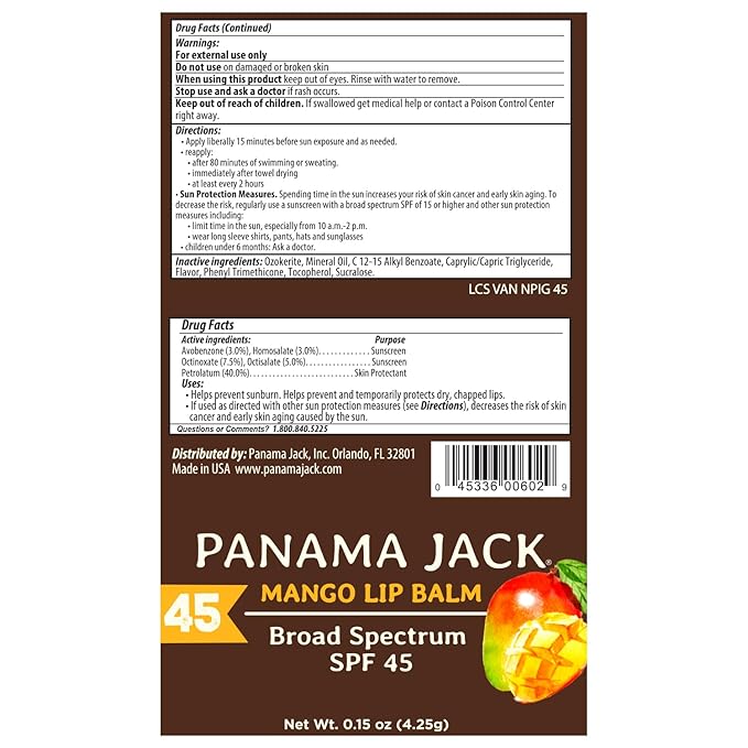 Panama Jack Sunscreen Lip Balm - SPF 45, Broad Spectrum UVA-UVB Sunscreen Protection, Prevents & Soothes Dry, Chapped Lips, Mango, 2-pack