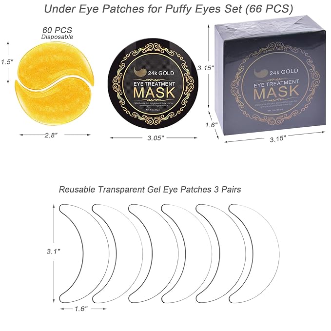 66PCS Under Eye Patches for Puffy Eyes 24K Gold Natural Hydrogel Collagen Eye Mask Reusable Silicone Gel Eye Anti Aging Pads for Reduce Fine Lines Wrinkles Eye Bags Transparent Gel Pack