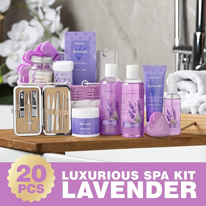 Mother's Day Gift for Mom Spa Gift Baskets for Women Bath lavender gifts spa gift set Basket For Women & Men, Luxury Self Care Home Spa Kit Lavender Bath Gift Basket 20Pcs Bath Gift Set