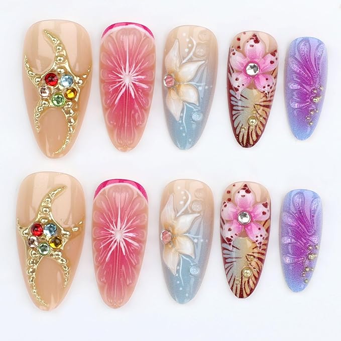 3D Flower Press on Nails Medium Almond Fake Nails Golden Starfish with Colorful Rhinestones Design Handmade Nails Pink Grapefruit False Nail Gradient Artificial Glue on Nail for Women 24Pcs