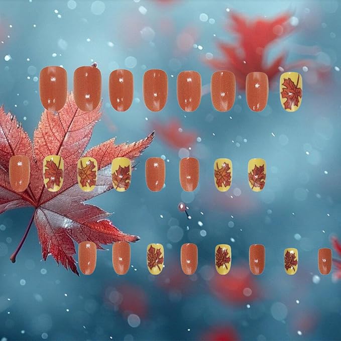 Thanksgiving Medium Almond False Nails 24Pcs Maple Leaf Press on Nails Fall Leaves Stick on Fingernails Glossy Brown Acrylic Fake Nail Autumn Gel Glue on Nail for Coquette Women Girls