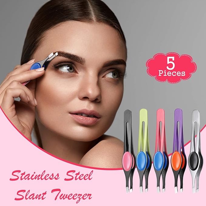 Chumia 5 Pieces Non-Slip Grip Tweezers Slanted Tip Stainless Steel Tweezer Wide Precision Tip Clip Tweezer for Ingrown Hair Eyebrow Shaping Splinter Blackhead Remover (Colorful Rubber Grip)