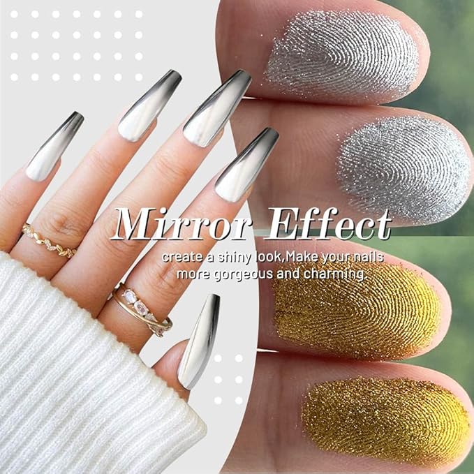 evpct 2Pcs Gold Silver Metallic Mirror Effect Chrome Nail Powder Kit for Nails Polish Rainbow Holographic Iridescent Chameleon Neon Nail Pigment Mirror Chrome Nails Powder for Gel Nails Glitter