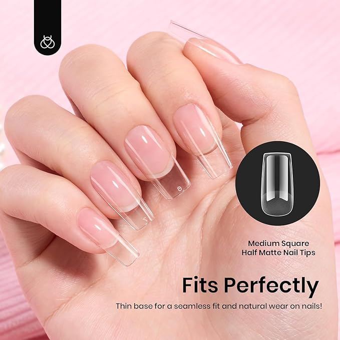Beetles Gel Nail Tips Etch-X, Square Medium, 288Pcs 12 Sizes, Pre-Etched Half Matte Soft Acrylic False Nail Tips Full Cover Easy DIY Fake Press On Fall Nail Extension Salon Gift for Women