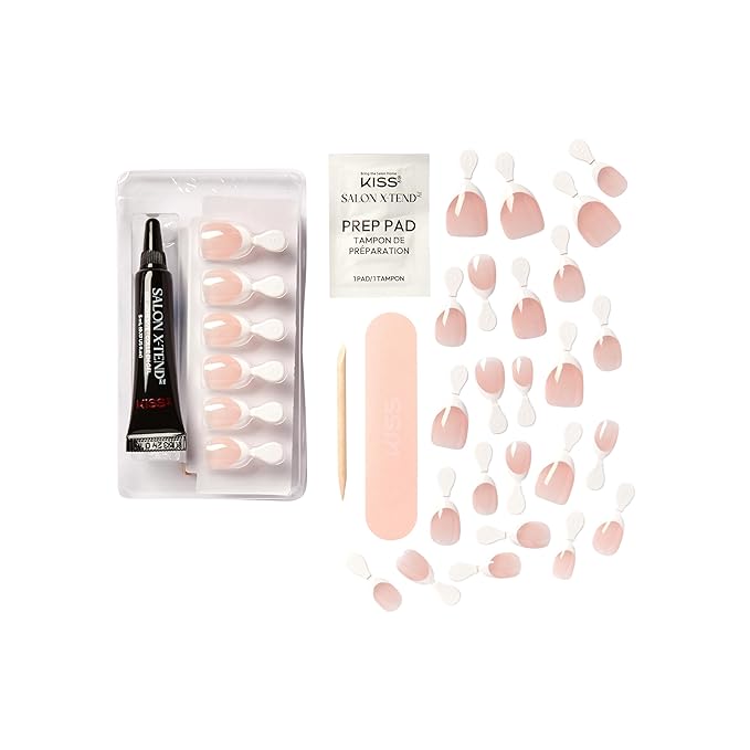 KISS Salon X-tend, Press-On Nails, Nail glue included, 'Nonsense', Light White, Short Size, Almond Shape, Includes 30 Nails, 5Ml Led Soft Gel Adhesive, 1 Manicure Stick, 1 New Mini File, New Prep Pad