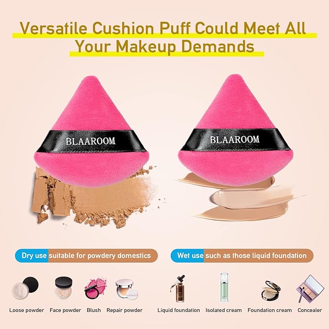 BLAAROOM Powder Puffs for Face Setting Makeup,6 Pcs Soft Velvet Triangle Puff for Contouring, Under Eyes and Corners Delicate Cosmetic Sponge Makeup Tool - Rose Red