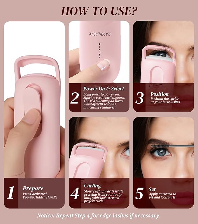 Heated Eyelash Curler, Eyelash Curlers with 10S Quick Heat-Up, 2 Temp Settings, 3S Styling & 24H Long-Lasting Natural Curl, Type-C Recharge, Mini Electric Eyelash Curler for Travel - Pink