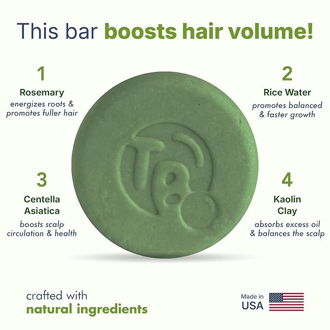 Tree Bottle Rice Water + Rosemary Shampoo Bar for Volumizing & Fuller Hair with Centella Asiatica Extract - Shampoo for Women and Men - Free of Parabens & Sulfates - Made in USA - 4.5oz