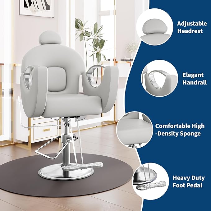 360°Swivel Barber Chair, Reclining Barber Salon Chair with Heavy Duty Hydraulic Pump for Spa Shampoo Hair Stylist Barbershop Home, Grey & Silver