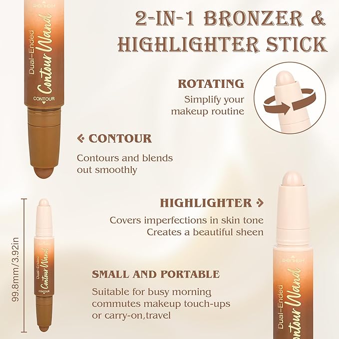 Contour Highlighter Stick，2-in-1 Dual-Ended Cream Bronzer & Highlighter Sticks Pen for Face Body Contouring Makeup- Buildable，Waterproof, Easy to Apply Suitable for Beginners，03Darker Nude+Light Pink