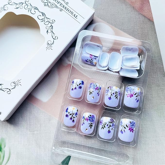 Short Square Press on Nails Purple Flower Fake Nails with Glossy Designs Cute Glue on Nails Full Cover Acrylic Nails Spring Summer False Nails Reusable Stick on Nails for Women Nail Art Decor 24pcs