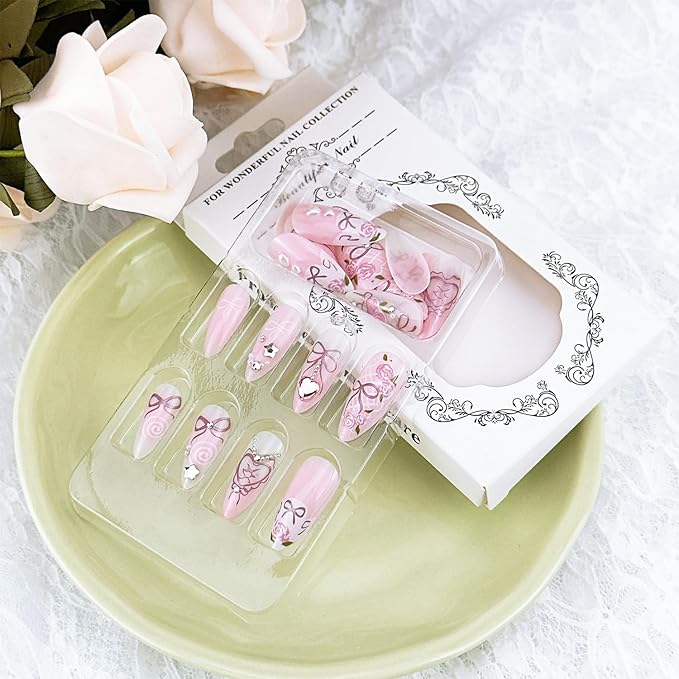 24pcs Pink Press on Nails Medium Almond Fake Nails with Star Heart Pearl Rhinestones Design Bow False Nails Flower Glue on Nails Cute Pink Bows Floral Acrylic Nails Full Cover Stick on Nails for Women