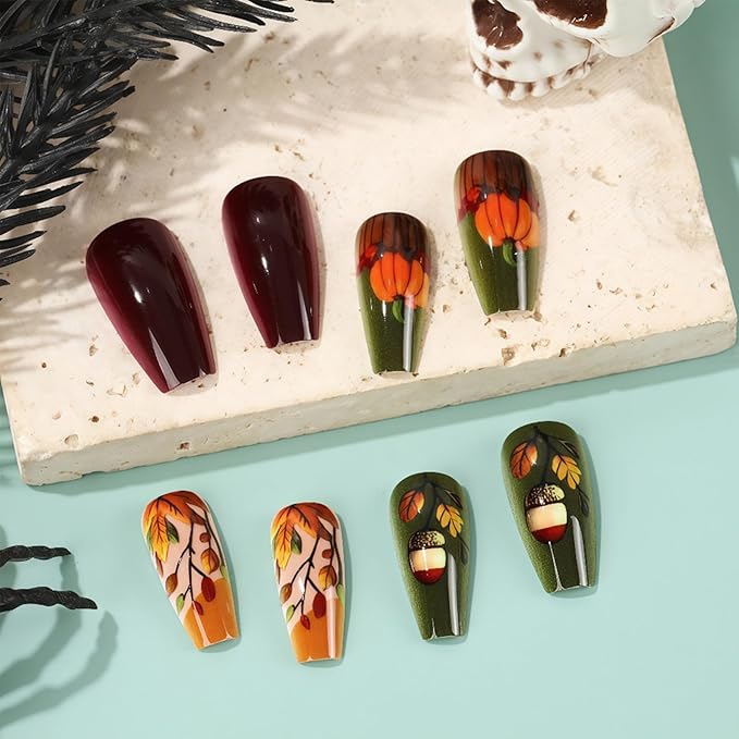 Autumn Thanksgiving Press on Nails Medium Coffin Pumpkin Acorn Fake Nails Fall Maple Leaf Stick on Fingernails Colorful Leaves Acrylic False Nails Glossy Gel Glue on Nail for Women 24Pcs