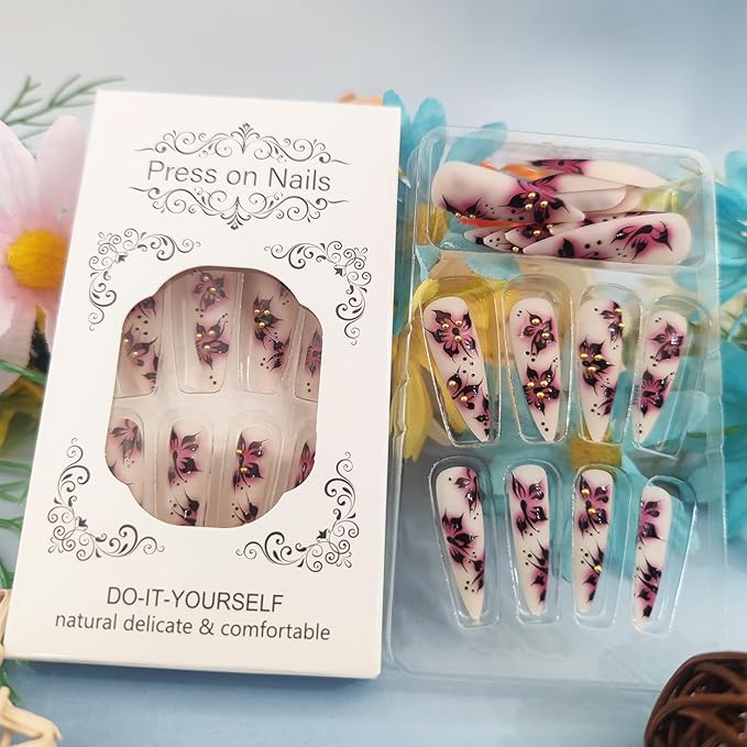 24Pcs 3D Flower Press on Nails Polk Dots Gel Glue on Acrylic Fake Nails Blood Flowers Press ons Fingernails Matte Pink Gradient Long Stiletto False Nail Pearls Stick on Nail for Holiday Manicure Art