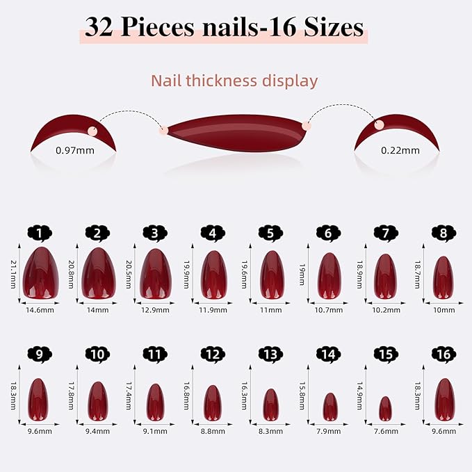 Red Press on Nails, Short Press on Nails Almond Reusable Glossy Cat Eye Nails Soft Gel False Nails Press ons for Women, 16 Sizes 32 Count Nails Kit with Glue (SV-08)