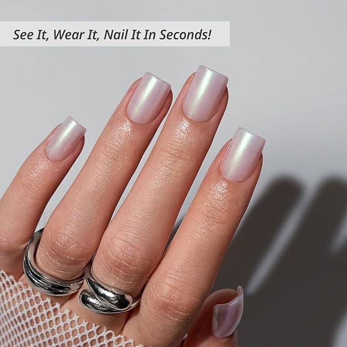 BTArtbox Press On Nails Short - Pearlescent Glitter Square Press On Nails with Glue for Women, Opaque Soft Gel Glue On Nails in 16 Sizes - 32 Stick On Nails Kit, Screaming Silver