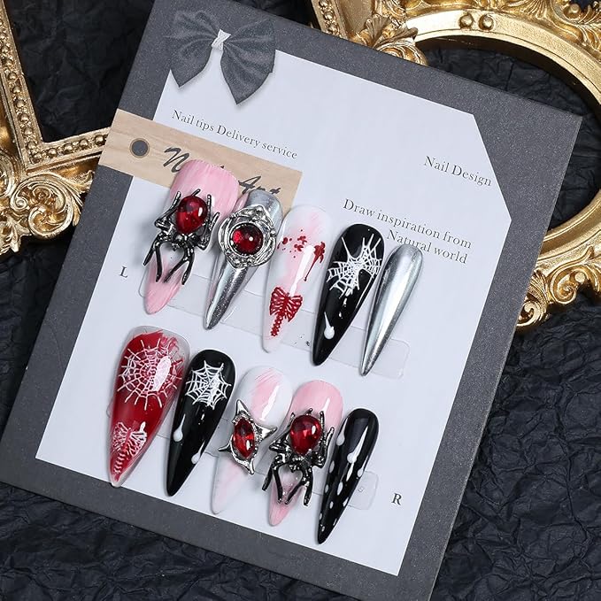 10Pcs Halloween Handmade Press on Nails Long Almond Fake Nails 3D Star Spider False Nails with Y2k Gothic Design Silver Glitter Stick on Nails Black Full Cover Artificial Glue on Nail for Women DIY